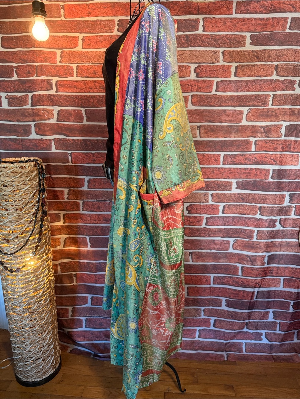 🧥Paisley Patchwork Kimono Duster – Green/Coral/Purple – Belted – OS
